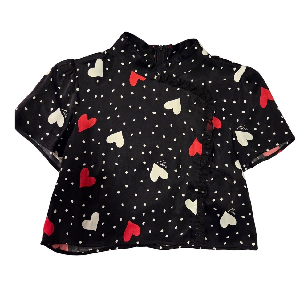 Kitri Black Heart Polka Dot Mandarin Collar Ruffle Crop Top Blouse Sz US 4